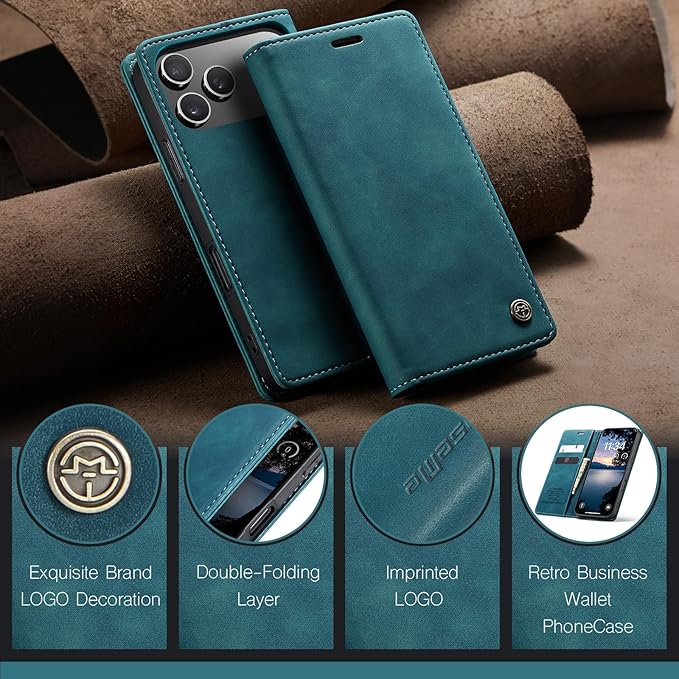 for iPhone 17 Pro Max Case, Flip Wallet Leather Case with Card Holder Magnetic Closure Shockproof Kickstand Protective Phone Cases Cover for iPhone 17 Pro Max, Blue-Green