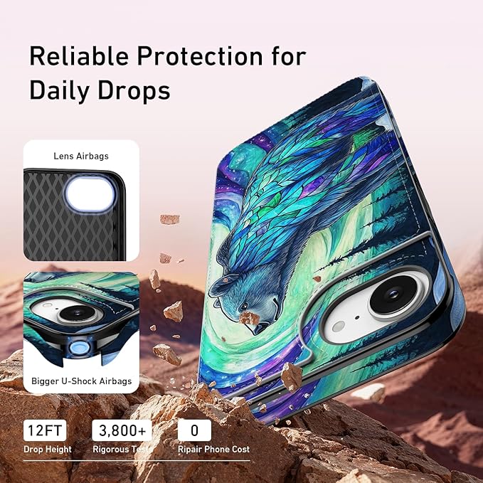 FUNMIKO for iPhone 16e Wallet Case with Card Holder, RFID-Blocking, Military-Grade Protection & UV-Printed Artwork, Magnetic Closure with Leather Kickstand - Prismatic Aurora Bear