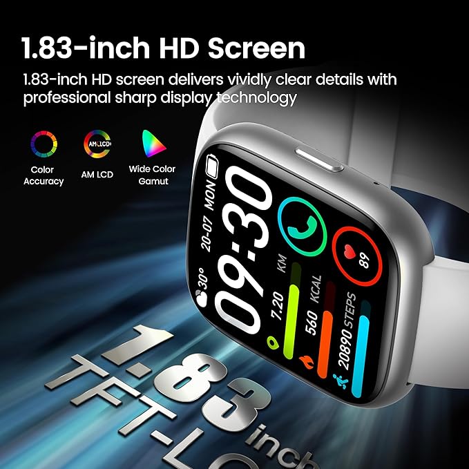 Smart Watch with Alexa Built-in, 1.83" HD Touchscreen Fitness Tracker with Bluetooth Calling, Fitness Watch with Heart Rate/Sleep Monitor/120+ Sports, IP68 Waterproof Smartwatch for Android iOS, Grey