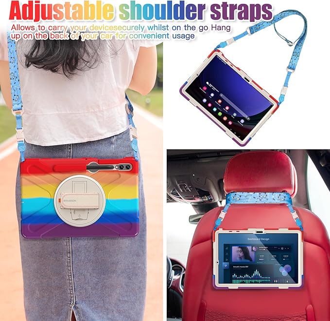 BRAECNstock Kids Case for Samsung Galaxy Tab S10+ Plus/ S9 FE+ Plus/ S9+ Plus/ S8+ Plus/ S7 FE/ S7+ Plus 5G 12.4" Shockproof Protective Cover with Pen Holder Rotating Hand Strap & Stand - Colorful Red