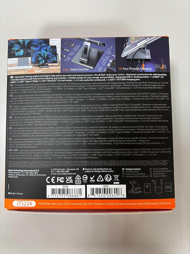 j5create Adjustable Tablet Stand with USB Type C Docking Station for iPad Pro/Air/mini : 4K60 HDMI, 2 x USB-A 5Gbps, 100W PD Charging, microSD/SD Card Reader, 3.5mm Audio Jack (JTS224)