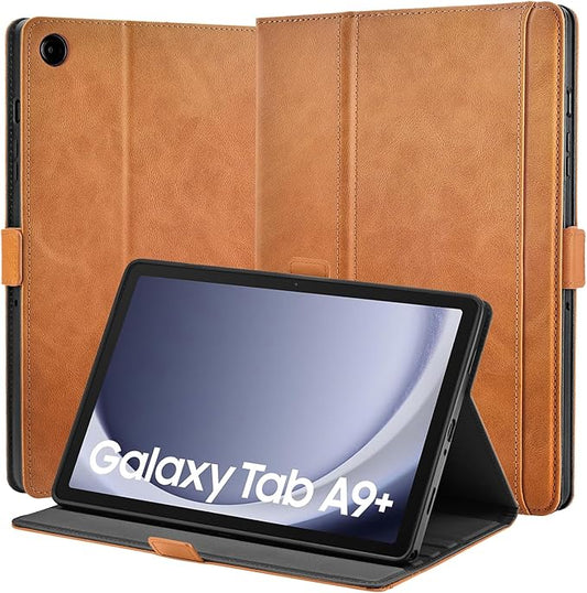 Handmade Case for Samsung Galaxy Tab A9 Plus/A9+ 5G Tablet 11 Inch 2023 SM-X210/SM-X216/SM-X218u with Pocket,Multi Angles,Magnetic Closure,Vegan Leather Folio Cover,Auto Sleep/Wake,Brown