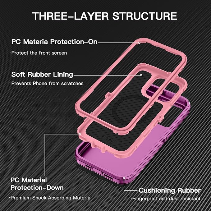 for iPhone 15 Pro Case [Compatible with MagSafe] Shockproof 3-Layer Full Body Protection Rugged Heavy Duty Cover Case for Apple iPhone 15 Pro 6.1",Purple/Pink