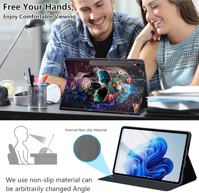 Slim Case for Samsung Galaxy Tab S10 FE / S9 FE 5G 10.9" & Tab S9 11", PU Leather Protective Cover, Multi-Angle Stand, Auto Sleep/Wake, Skulls and Flowers