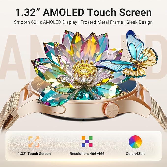 Fitpolo Smart Watch for Women,1.3" AMOLED Touchscreen Fitness Tracker, Make/Answer Calls, Heart Rate SpO2 Monitor,IP68 Waterproof,Sleep Activity Tracking Smartwatch for Android Phones iPhone (Gold)
