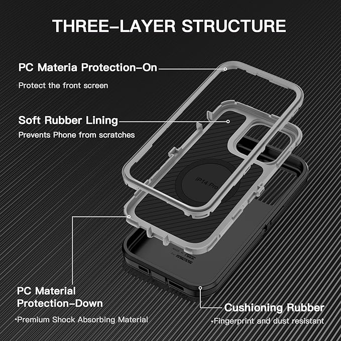 for iPhone 14 Pro Case [Compatible with MagSafe] Shockproof 3-Layer Full Body Protection Rugged Heavy Duty Cover Case for Apple iPhone 14 Pro 6.1",Black/Grey