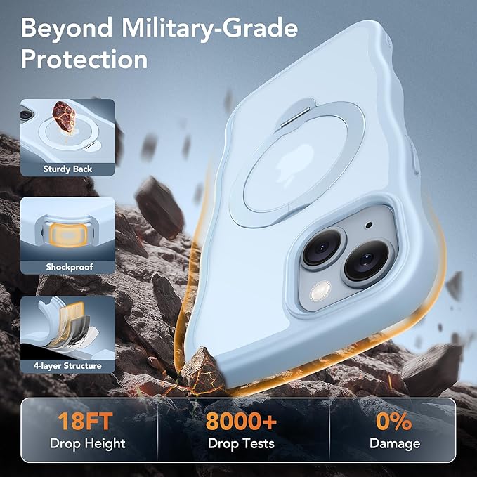 for iPhone 13 Case & iPhone 14 Case for Women,[Compatible with Magsafe][360° Spin Magnetic Stand][Cute Wave Edge][Military-Grade Protection]Translucent Matte Phone case for iPhone 13/14, Baby Blue