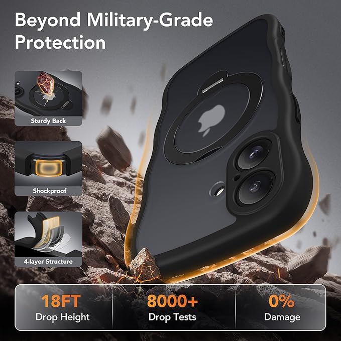 GolbinBox for iPhone 16 Plus Case,[Compatible with Magsafe][360° Spin Magnetic Stand][Military-Grade Protection][Camera Control][Cute Wave Edge] Translucent Matte Women Phone Cover for 16 Plus, Black