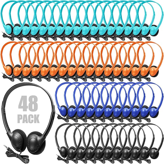 48 Pack Classroom Headphones on Ear Wired Stereo Headset with 3.5mm Jack, Over The Head Student Earphone Set for Kids Adults School Library Airplane Computer Laptop, No Microphone (Multicolor)