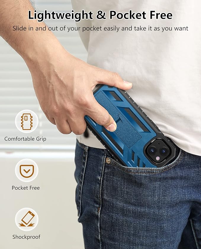 for iPhone 13/14 Protective Case: for iPhone 16e Cover with Built-in Kickstand | Heavy Duty Military Grade Hard Protection Shock Proof | Durable Dual-Layer Design Blue