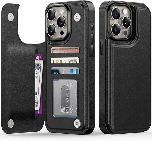 FUNMIKO for iPhone 13 Pro Max Wallet Case with Card Holder, RFID-Blocking, Military-Grade Protection & UV-Printed Artwork, Magnetic Closure with Leather Kickstand - Black