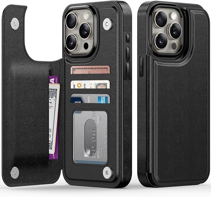 FUNMIKO for iPhone 15 Pro Max Wallet Case with Card Holder, RFID-Blocking, Military-Grade Protection & UV-Printed Artwork, Magnetic Closure with Leather Kickstand - Black