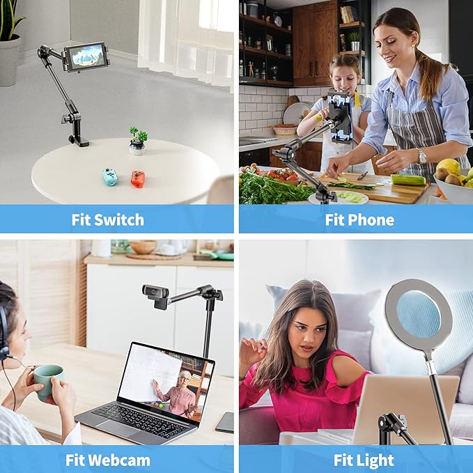 KDD Tablet Stand Holder, Adjustment iPad Phone Mount, 27in Long Arm Webcam Stand Projector Camera Mount for Desk, Fit for 4.7"-12.9" Devices, iPad Pro 12.9 Air Mini, Galaxy Tabs, Switch, iPhone