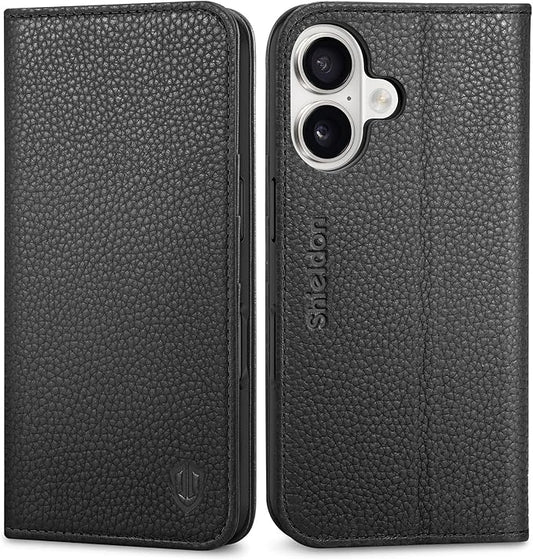 SHIELDON Case for iPhone 16 6.1" 2024, Genuine Leather Wallet Magnetic Cover RFID Blocking Card Slot Kickstand Shock-Absorbent TPU Phone Holder Case Compatible with iPhone 16 5G - Pebbled Black
