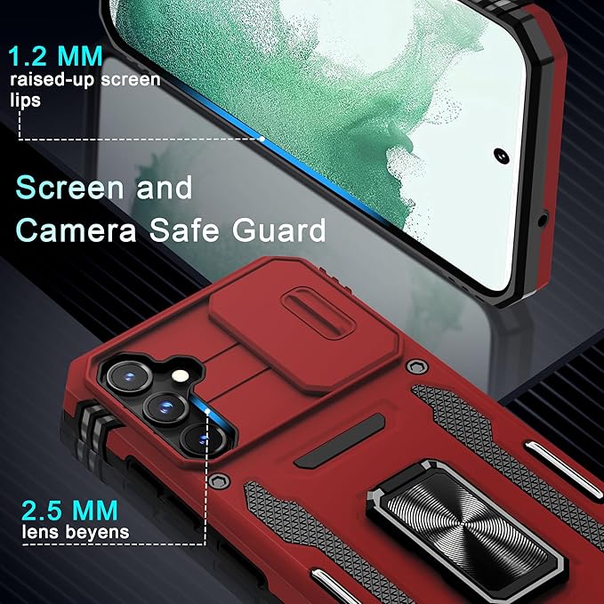 DEERLAMN Case for Samsung Galaxy S23 FE 6.4-Inch with Slide Camera Cover+Screen Protector(1 Pack),Rotated Ring Kickstand Military Grade Shockproof Protective Cover-Red