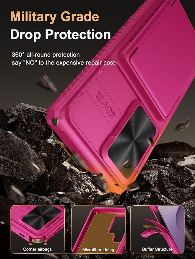 Vihibii for Samsung Galaxy S25 Ultra Wallet Case with Card Holder (4 Cards), [RFID Blocking] & Slide Camera Cover & Raise Screen Edges, Hard Back Phone Cover for Samsung Galaxy S25 Ultra, Hot Pink