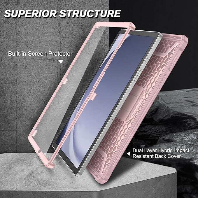 Fintie Shockproof Case for Samsung Galaxy Tab A9 Plus/A9+ 5G 11 Inch 2023 Model (SM-X210/X216/X218), Tuatara Rugged Unibody Hybrid Bumper Kickstand Cover Built-in Screen Protector, Rose Gold