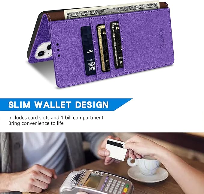 ZZXX for iPhone 15 Wallet Case with [RFID Blocking] Card Slot Kickstand Magnetic Closure Leather Flip Fold Protective Phone Case for iPhone 15 Case Wallet(Purple-6.1 inch)