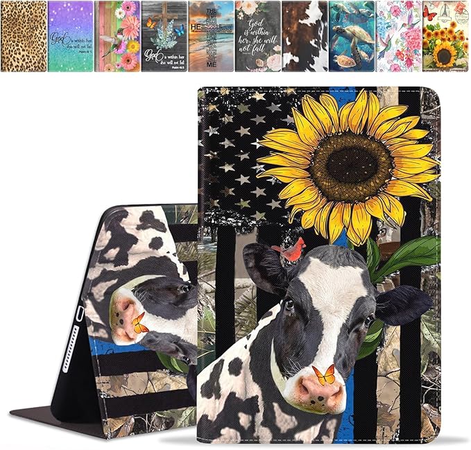Case for Samsung Galaxy Tab A7 10.4 inch 2022/2020 (SM-T500/T503/T505/T507/T509), Premium PU Leather Stand Folio Cover with Auto Sleep/Wake, American Flag Sunflower and Cow