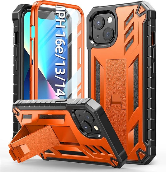 for iPhone 13/14 Protective Case: for iPhone 16e Cover with Built-in Kickstand | Heavy Duty Military Grade Hard Protection Shock Proof | Durable Dual-Layer Design Orange