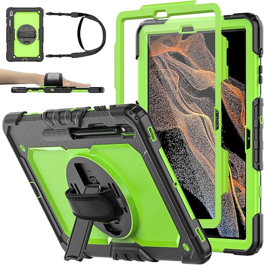 Case for Samsung Galaxy Tab S8 Plus 2022/S7 FE/S7 Plus 5G 12.4-inch Tablet Case Protective [with Screen Protector], Rotatable Kickstand, S Pen Holder, Hand/Shoulder Strap (Green)