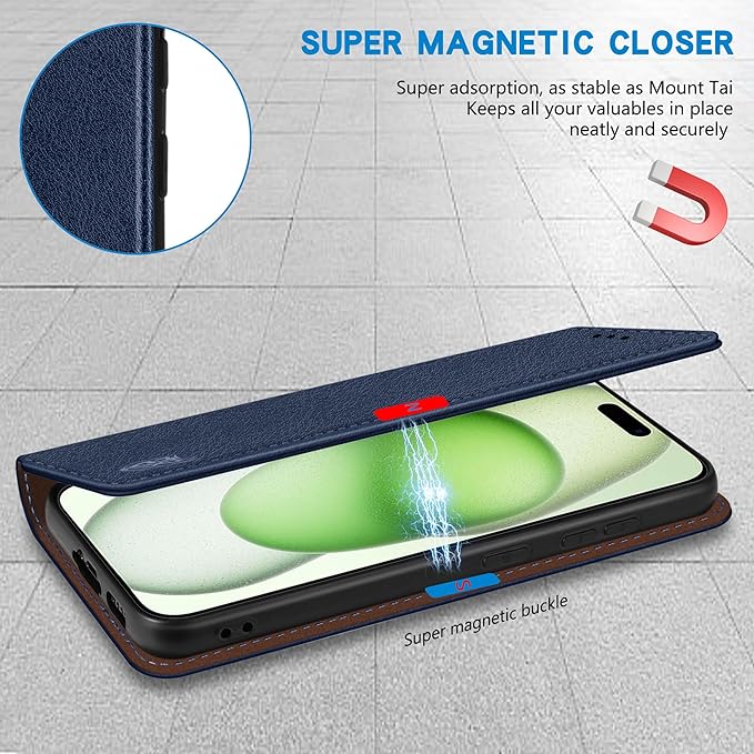 ZZXX for iPhone 15 Plus Wallet Case with [RFID Blocking] Card Slot Stand Strong Magnetic Leather Flip Fold Protective Phone Case for iPhone 15 Plus Case Wallet(Blue-6.7 inch)