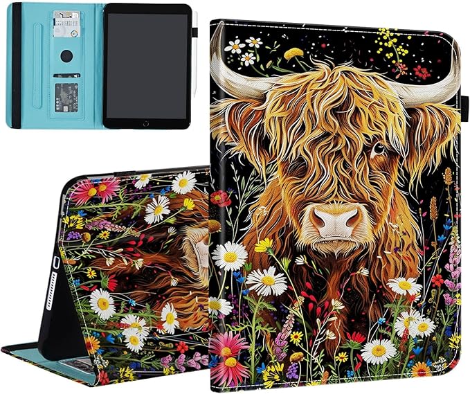 Case for Samsung Galaxy Tab S9 FE 5G 10.9 Inch/Galaxy Tab S9 11 Inch 2023,Card Slot PU Leather TPU Case Pen Holder Auto Wake Sleep,Highland Cow Flowers