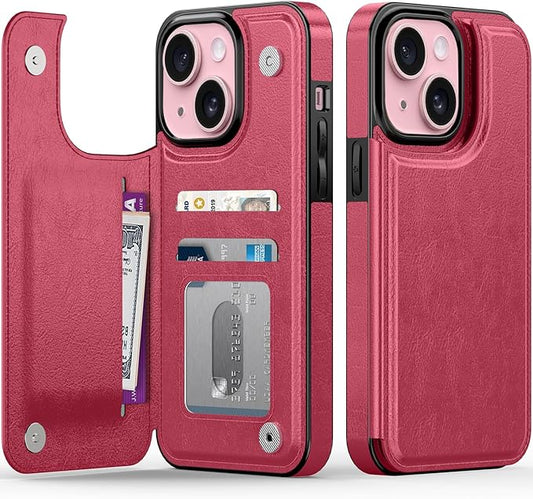 FUNMIKO for iPhone 14 Wallet Case with Card Holder, RFID-Blocking, Military-Grade Protection & UV-Printed Artwork, Magnetic Closure with Leather Kickstand - Hot Pink