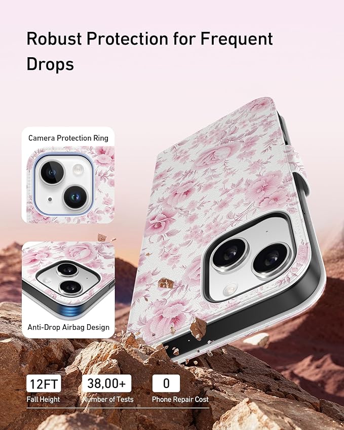 DEENAKIN for iPhone 15 Wallet Case with Card Holder + Cash Clip, RFID-Blocking, Military-Grade Drop Protection, Magnetic Closure with Leather Kickstand - Blooming Pink Roses