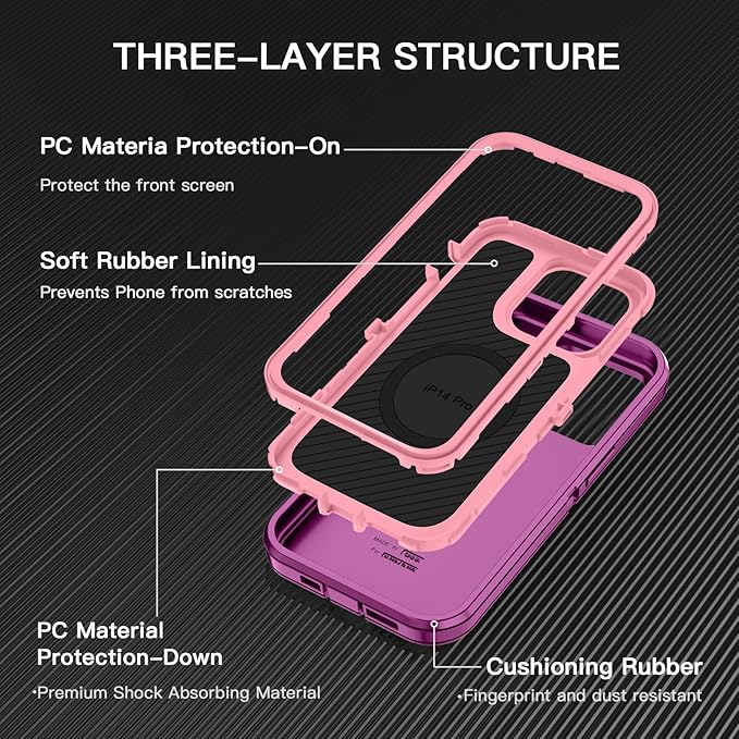 for iPhone 14 Pro Case [Compatible with MagSafe] Shockproof 3-Layer Full Body Protection Rugged Heavy Duty Cover Case for Apple iPhone 14 Pro 6.1",Purple/Pink