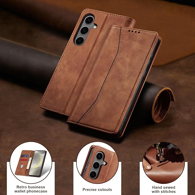 Jasonyu Flip Wallet Case for Samsung S24 Plus/S24+ 5G,Leather Magnetic Folio Cover with Card Holder,Kickstand - TPU Shockproof Durable Protective Phone Case,Brown