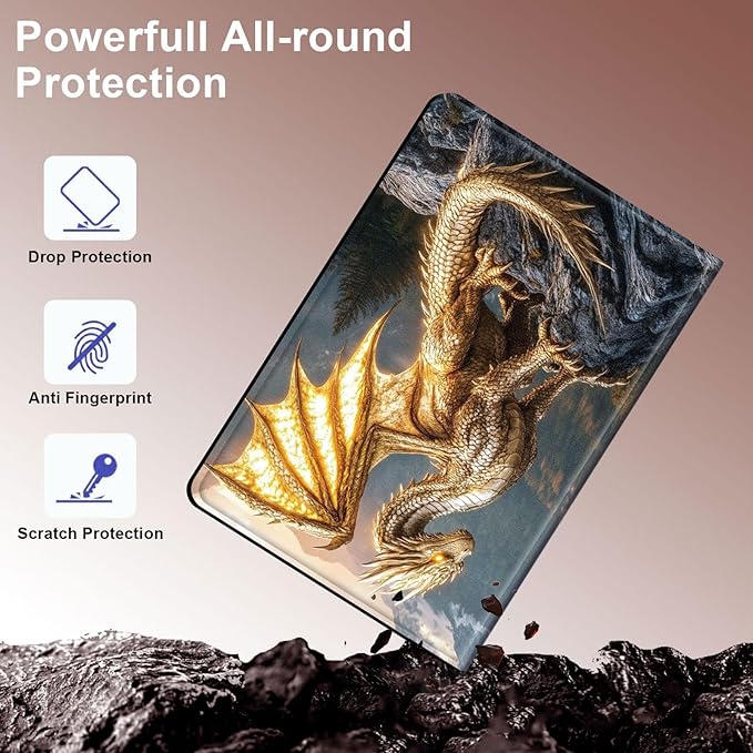 Case for Samsung Galaxy Tab S10 FE/ S9 FE 5G 10.9 Inch/Tab S9 11 Inch, Slim PU Leather Stand Cover with Auto Wake/Sleep, Multi-Angle Viewing & Shockproof, Golden Dragon