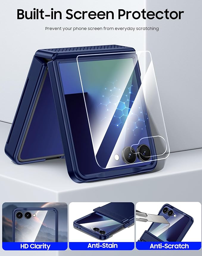 CENMASO for Samsung Galaxy Z Flip 7 Case with Card Holder [RFID Blocking] & Hinge Protection & HD Screen Protector, Rugged Anti-Scratch Full-Body Shockproof Phone Case for Z Flip 7-Blue