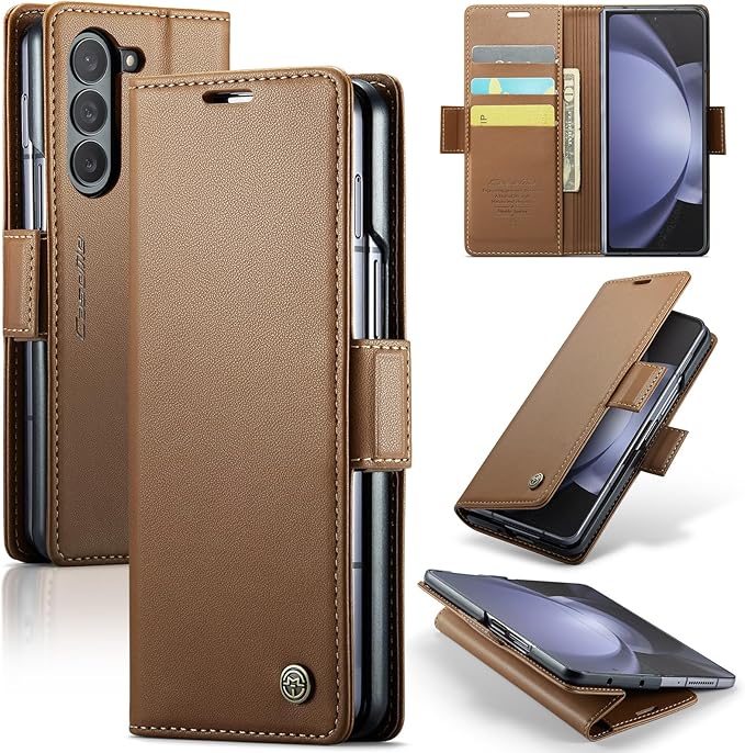 for Samsung Galaxy Z Fold 5 Case, Premium PU Leather Wallet Case Flip Cover with [RFID Blocking][Card Holder][Stand Function] Shockproof Protective for Samsung Galaxy Z Fold 5, Brown