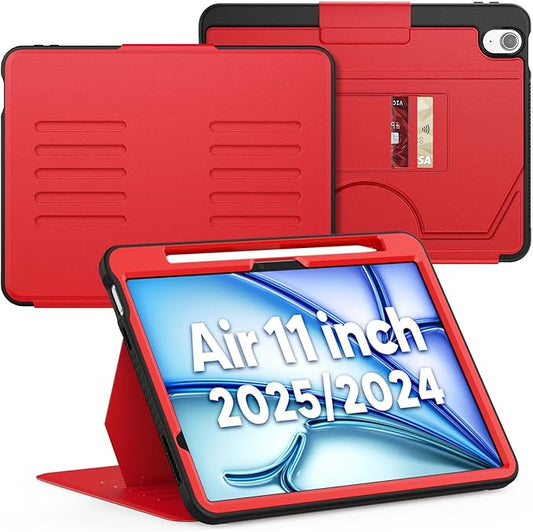 SEYMAC for iPad Air 11 inch Case M3/ M2 (2025/2024), Full Protective Auto Sleep/Wake Strong Magnetic Cover with 5 Standing Angles, Pencil Holder, Red