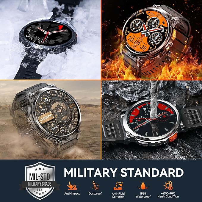 Military Smart Watch for Men 1.85” Big Screen Smart Watch, LED Flashlight/730mAh Battery/100+ Sports Modes Fitness Watch, Heart Rate Sleep Tracker Smartwatch for iOS Android (Black Stainless Steel)