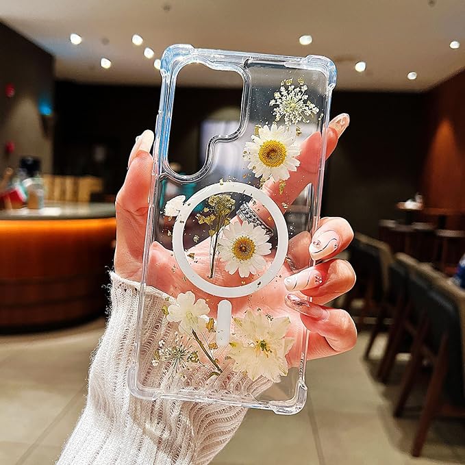Compatible with Samsung Galaxy S25 Ultra Case,Compatible with MagSafe,Cute Pressed Dried Flowers Design Women Girly Shockproof Floral Clear Magnetic Case for Galaxy S25 Ultra (White)