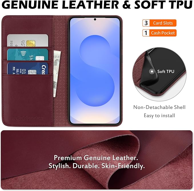 SHIELDON Wallet Case for Galaxy S25 FE 6.7" 2025, Genuine Leather Folio Magnetic Wallet Cover RFID Blocking Credit Card Holder Kickstand Shockproof Case Compatible with Galaxy S25 FE - Nappa Wine Red
