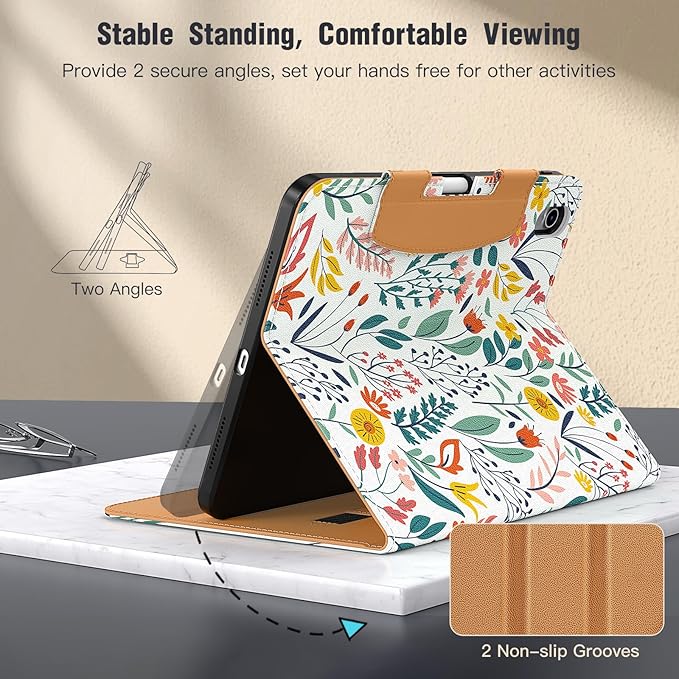 MoKo for iPad (A16) 11th Generation Case 11 inch 2025, iPad 10th Generation Case 10.9" 2022 with Pencil Holder & Pocket, Premium Leather Folio Stand Cover, Multiple Viewing Angles, Flowers