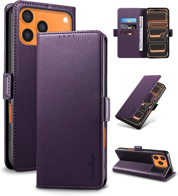 Wallet Flip Case for iPhone 17 Pro Max 5G - [RFID Blocking] Luxury PU Leather Card Holder Magnetic Phone Cover with Kickstand,Shockproof Protective Case,Purple