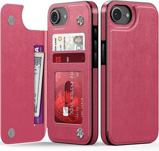 FUNMIKO for iPhone 16e Wallet Case with Card Holder, RFID-Blocking, Military-Grade Protection & UV-Printed Artwork, Magnetic Closure with Leather Kickstand - Hot Pink
