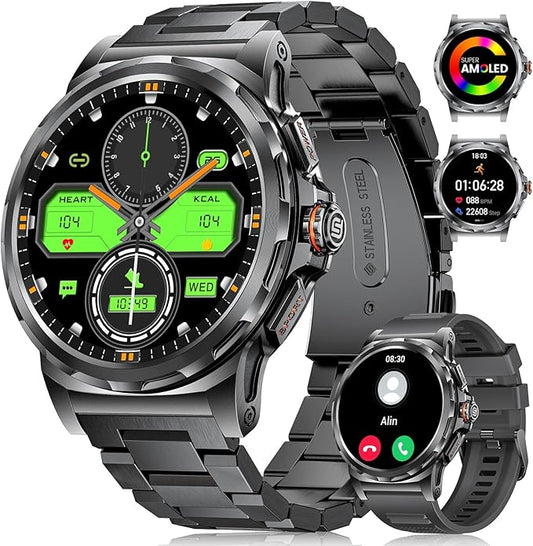 Military Smart Watch for Men(Answer/Dial Calls),1.46'' AMOLED Touchscreen/5ATM Waterproof/120+ Sports Modes Fitness Watch with Blood Pressure/Heart Rate/SpO2/Pedometer for Android iOS Smartwatch Black