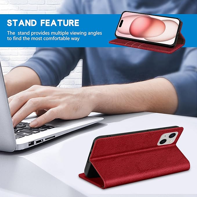 ZZXX for iPhone 15 Wallet Case with [RFID Blocking] Card Slot Stand Strong Magnetic Leather Flip Fold Protective Phone Case for iPhone 15 Case Wallet(Red-6.1 inch)
