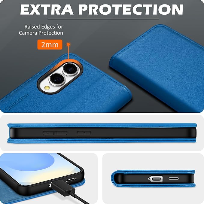 SHIELDON Case for Galaxy S25 Edge 6.7", Genuine Leather Wallet RFID Blocking Credit Card Holder Kickstand Magnetic Full Protective Case Compatible with Galaxy S25 Edge 2025 - Nappa Sapphire Blue