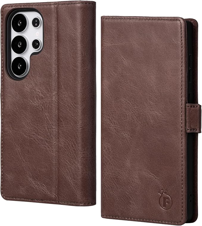Case for Galaxy S25 Ultra 6.9"-Genuine Leather Folio Wallet Case with Kickstand RFID Blocking Card Holder Magnetic Protective Phone Cover Compatible with Galaxy S25 Ultra 2025 (Darkbrown)