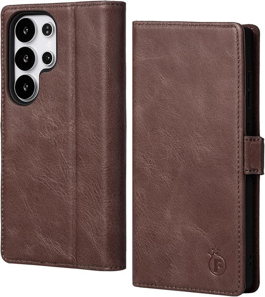 Case for Galaxy S25 Ultra 6.9"-Genuine Leather Folio Wallet Case with Kickstand RFID Blocking Card Holder Magnetic Protective Phone Cover Compatible with Galaxy S25 Ultra 2025 (Darkbrown)