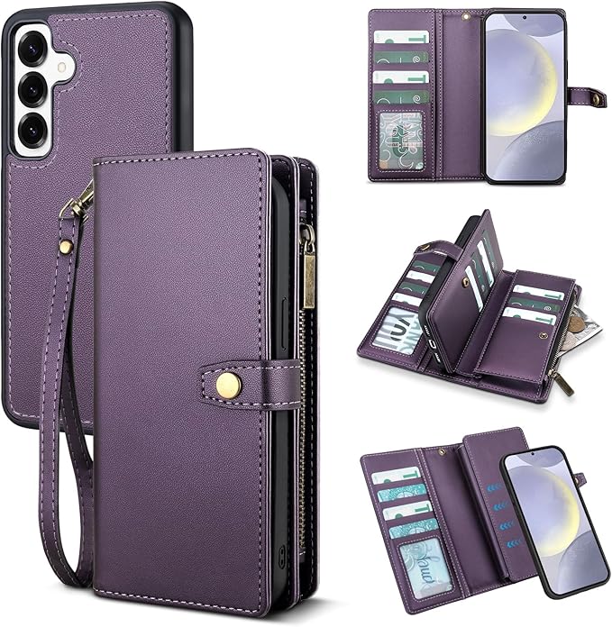 TwoHead for Samsung Galaxy S24 Plus Wallet Case with Card Holder,Detachable Magnetic Phone Case for Galaxy S24 Plus,PU Leather All-Round Protective Phone Cover Wallet with Strap(6.6 in,Deep Purple)