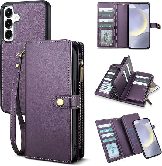 TwoHead for Samsung Galaxy S24 Plus Wallet Case with Card Holder,Detachable Magnetic Phone Case for Galaxy S24 Plus,PU Leather All-Round Protective Phone Cover Wallet with Strap(6.6 in,Deep Purple)