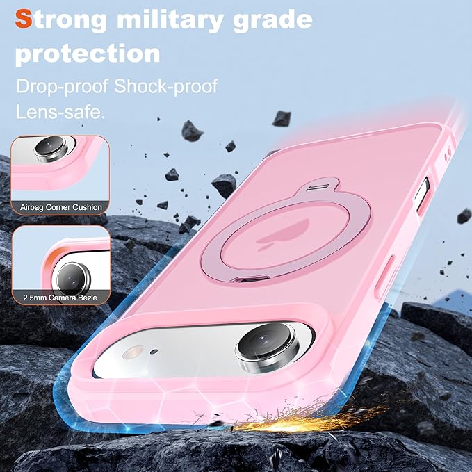Compatible with iPhone 17 Air Case with Invisible Magnetic 360°Spin Stand,Military-Grade Shockproof Protection [Compatible with Mag-Safe] Non-Slip Edge Translucent Case (6.5",Pink)
