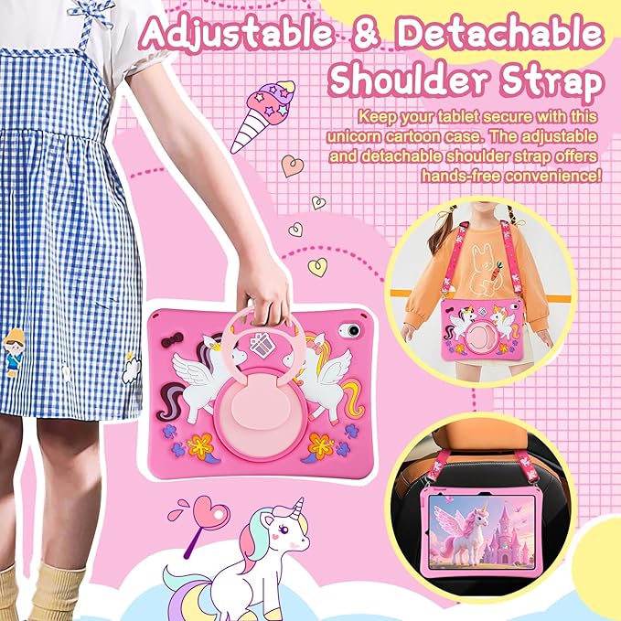 HianDier for iPad A16 Case 11th 2025 iPad 10th Generation Case for Kids Cute Unicorn Silicone Tablet Cover with Detachable Strap and Rotatable Stand Shockproof Cover for iPad 11inch 10.9inch-Rose Pink